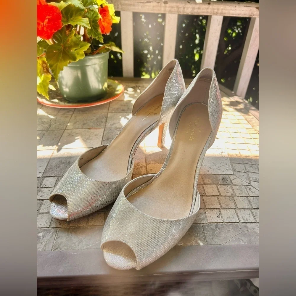 Kate Spade elegant peep toe pumps silver sparkly sz 10 euc,1A